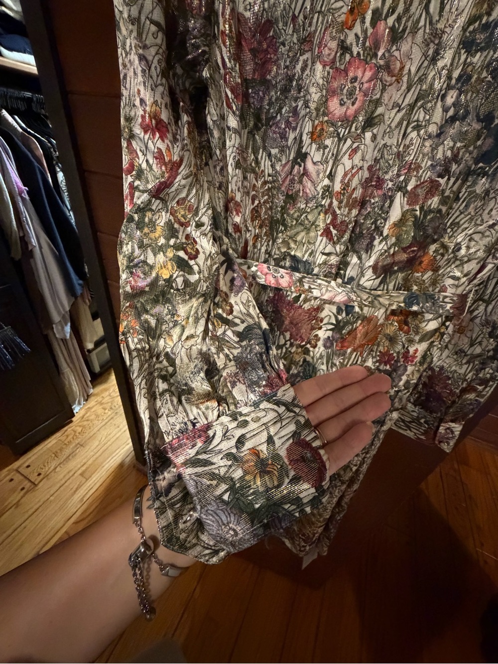 Tory Burch Cream Floral Metallic Long-Sleeve Belted Midi Dress Silk Blend - Picture 6 of 10